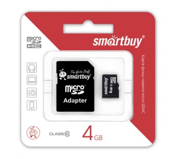 Карта памяти MicroSD 4 Gb Smart Buy +SD адаптер(class 10)#24080