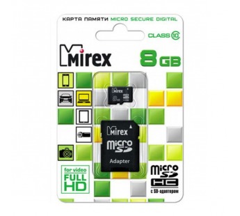 Карта памяти MicroSD 8 Gb Mirex +SD адаптер (Class 10)#38597