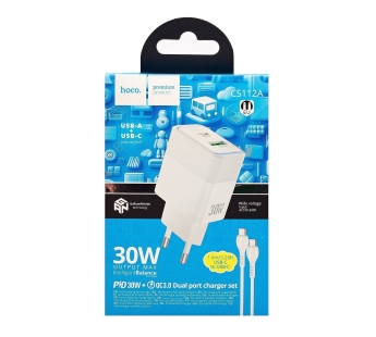 Адаптер Сетевой с кабелем Hoco CS112A USB/Type-C 30W (Type-C/Type-C) (white) (244464)#2160969