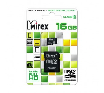 Карта памяти MicroSD 16 Gb MIREX + SD адаптера (class 10)