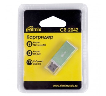 Картридер RITMIX CR-2042, зеленый, USB 2.0, SD, Micro SD, MS, M2 #152513
