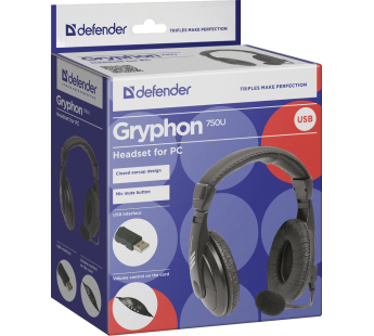 Гарнитура DEFENDER Gryphon 750U, USB, чёрная, USB#144727