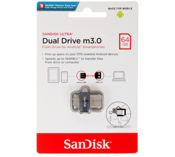 Флеш-накопитель USB 3.0 64GB SanDisk  Ultra Android Dual Drive  OTG  чёрный#165426