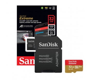 Карта памяти MicroSD 32GB SanDisk Class 10 Extreme Pro UHS-I A1 V30 U3 (100 Mb/s) + SD адаптер#2117155