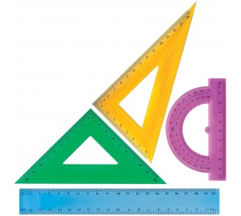 Набор чертежный средний BRAUBERG "Crystal" (линейка 20 см, 2 угольника, транспортир), цветной, 210296#202745