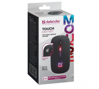 Мышь беспроводная DEFENDER Touch MM-997, черный, 2.4+BT, RGB, 500mAh,бесшумная#1990843