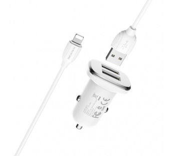 Автомобильное зарядное устройство BOROFONE BZ12, 2.4А 2USB+кабель Apple, цвет белый#1608924
