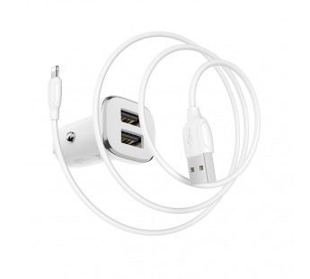 Автомобильное зарядное устройство BOROFONE BZ12, 2.4А 2USB+кабель Apple, цвет белый#1608925