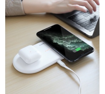Беспроводное зарядное устройство Hoco CW23, 2в1(Phone+Phone/AirPods) цвет белый#1568026