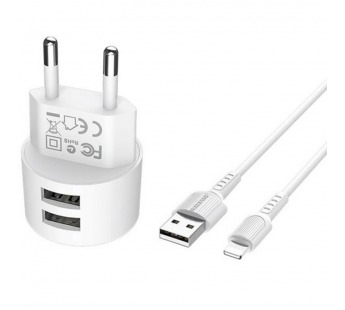 Сетевое зарядное устройство BOROFONE BA23A, 2USB+кабель Apple, 2,4А, цвет белый#383988