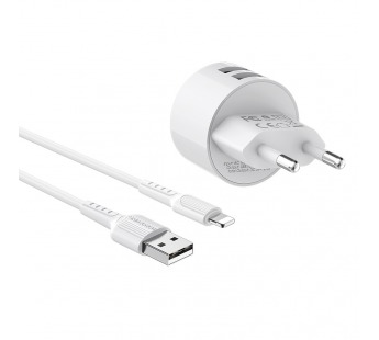 Сетевое зарядное устройство BOROFONE BA23A, 2USB+кабель Apple, 2,4А, цвет белый#1454324