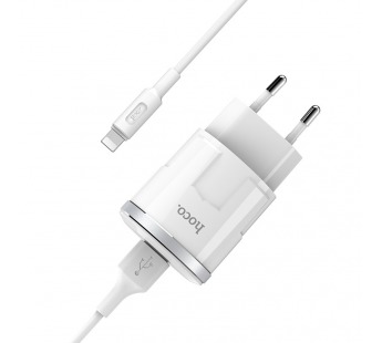 Адаптер сетевой Hoco C37A+кабель Apple Lightning 1USB, цвет белый#1631819