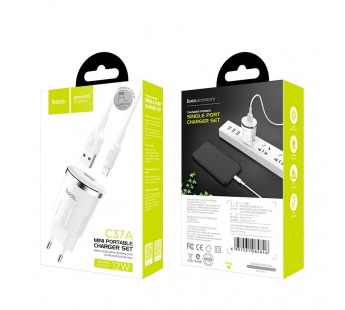 Адаптер сетевой Hoco C37A+кабель Apple Lightning 1USB, цвет белый#1631821