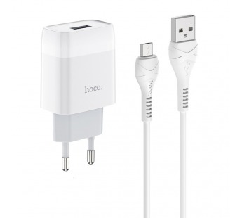 Сетевое зарядное устройство Hoco C72A, 1USB, 2.1A+кабель Micro 1м, цвет белый#1439498