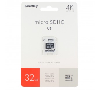 Карта памяти MicroSD 32GB Smart Buy Сlass 10 Pro UHS-I U3 (70/90 Mb/s)+ SD адаптер#334212