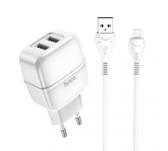 Сетевое ЗУ USB Hoco C77A 2USB/2.4A + кабель iPhone 5 (белый)#1624519