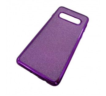                                 Чехол силиконовый Samsung S10 с хром контуром и блестками стразы по бокам фиолетовый*#1931743