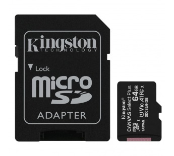 Карта памяти MicroSD 64GB Kingston Class 10 Canvas Select Plus A1 (100 Mb/s) + SD адаптер#2093679