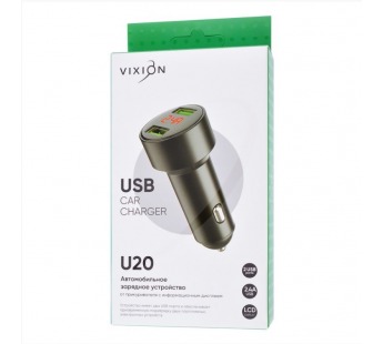 АЗУ VIXION U20 (2-USB/2.4A) длинный блок металл с LCD (черный)#1994780