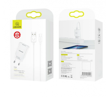                         Сетевое ЗУ USB USAMS T21 1USB/2.1A + кабель iPhone 5 (белый)*#1386894