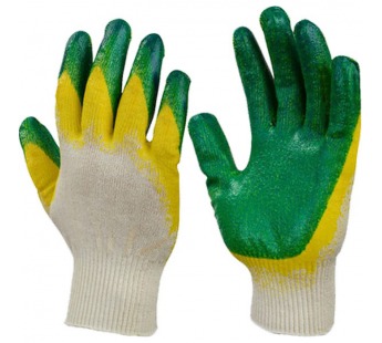 Перчатки х/б Облитые Зелено-Желтые двойное латексное покрытие (100/10)#397739