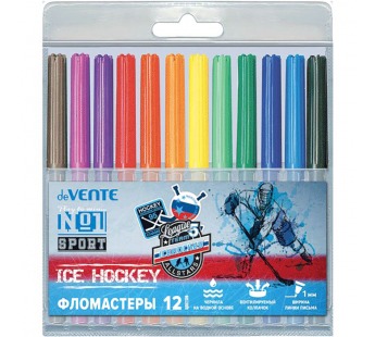 Фломастеры 12цв. deVENTE "Ice Hockey" 5081006 вент.колп.,пласт.блист., шт#404803