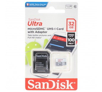 Карта памяти MicroSD 32GB SanDisk Class 10 Ultra Light UHS-I (100 Mb/s) + SD адаптер#410482