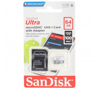 Карта памяти MicroSD 64GB SanDisk Class 10 Ultra Light UHS-I (100 Mb/s) + SD адаптер#410479