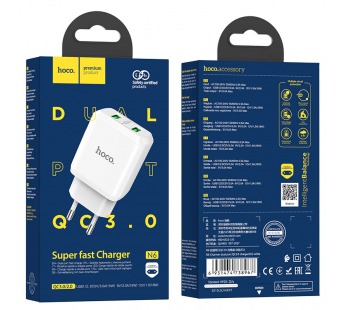 Сетевое зарядное устройство USB Hoco N6 ( 3A, 2 порта, быстрая зарядка QC 3.0) Белый#1554139