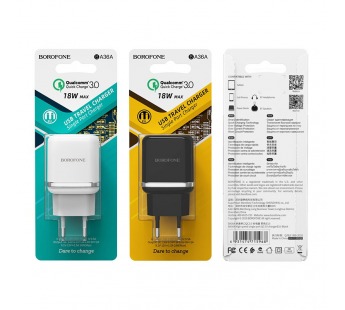 Адаптер Сетевой Borofone BA36A High QC3.0 1USB/5V/3A (black)#1547245