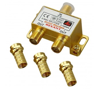 Делитель на 2ТВ 1вход F-гн. - 2 выхода F-гн. 5-1000МГц + 3шт.F Gold  в коробочке "Rexant"#2073482