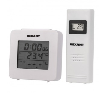 Комнатно-уличный термометр с беспроводным выносным датчиком и часами, влажность "Rexant"#1454069