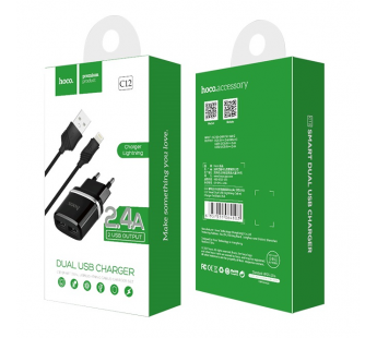 Адаптер Сетевой Hoco C12 2USB/5V/2.4A + кабель Apple lightning (black)#2043493