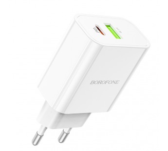 Адаптер Сетевой Borofone BA55A Crown 1USB,1USB-C/5V/3A PD20W+QC3.0 (white)(129583)#1164973