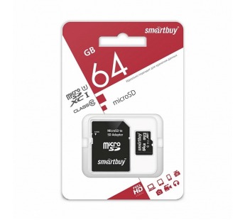 Карта памяти MicroSD 64Gb Smart Buy +SD адаптер (class 10)#1632635