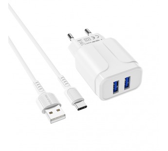 Адаптер Сетевой с кабелем Borofone BA37A Speedy 2USB/5V/2.4A +Type-C (white)(124262)#1561265