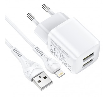 СЗУ с выходом USB Hoco N8 (2USB/2.4A/кабель Lightning) белое#1616218