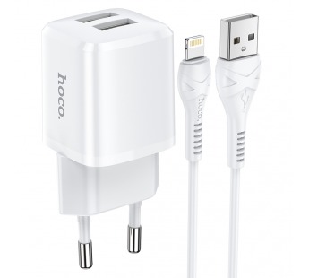 СЗУ с выходом USB Hoco N8 (2USB/2.4A/кабель Lightning) белое#1616217