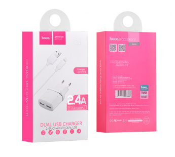 Адаптер Сетевой Hoco C12 2USB/5V/2.4A +lightning (white)#1609800