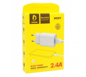 Сетевое з/у DENMEN DC01T (2.4A Fast Charge - 1 USB) с кабелем в комплекте (разъём Type-C, цвет белый, в коробочке)#2071028