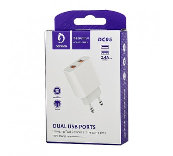 Сетевое з/у DENMEN DC05 (2.4A Fast Charge - 2 USB) адаптер (цвет белый, в коробочке)#1609710