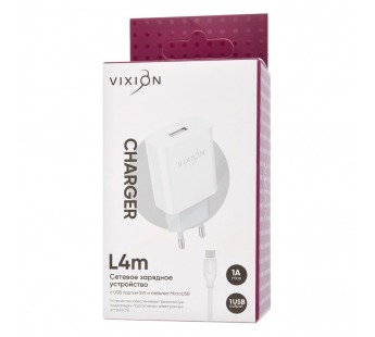 СЗУ VIXION L4m (1-USB/1A) + micro USB кабель 1м (белый)#1615026