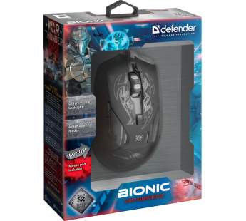 Мышь оптическая Defender Bionic GM-250L - игровая, 6 кнопок, черная, длина кабеля 1,5 м#1882740