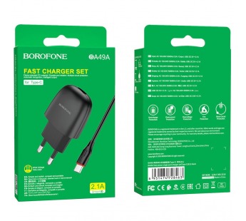 Адаптер Сетевой Borofone BA49A Vast 1USB/5V/2.1A + кабель Type-C (black)#1727602