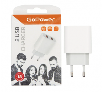 Адаптер постоянного тока 220В с выходом 2гн.USB 5V, 2,4A, 12W, белый GP2U "GoPower"#1630157