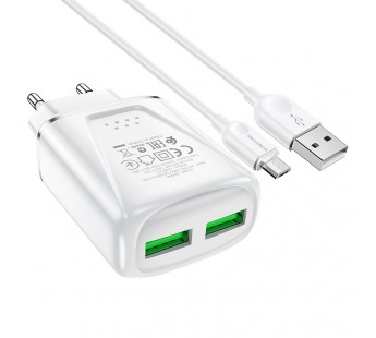 Адаптер Сетевой с кабелем Borofone BA54A Wide QC 2USB 18W (USB/Micro USB) (white) (133701)#1623410