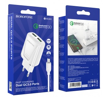 Адаптер Сетевой с кабелем Borofone BA54A Wide QC 2USB 18W (USB/Micro USB) (white) (133701)#1623412