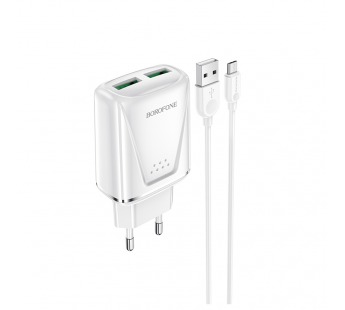 Адаптер Сетевой с кабелем Borofone BA54A Wide QC 2USB 18W (USB/Micro USB) (white) (133701)#1623413