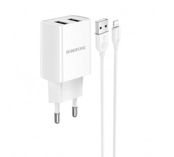 Адаптер Сетевой с кабелем Borofone BA53A Powerway 2USB 2,1A/10W (USB/Lightning) (white) (133693)#1627891