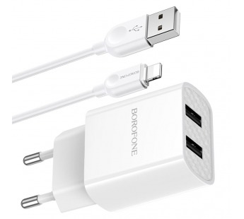 Адаптер Сетевой с кабелем Borofone BA53A Powerway 2USB 2,1A/10W (USB/Lightning) (white) (133693)#1627892